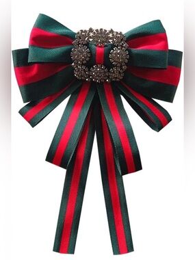 Striped Green and Red Ribbon Bow Brooch with Crystal Buckle